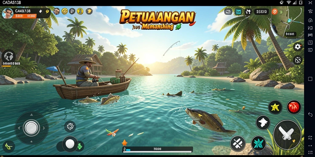 Tampilan gameplay menampilkan aksi memancing seru di berbagai lokasi