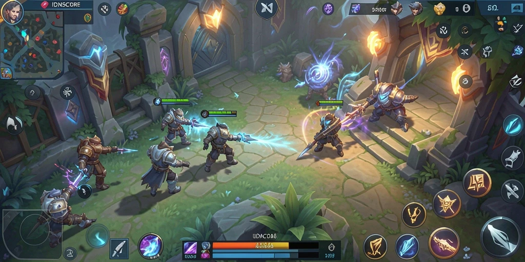 Tangkapan layar gameplay IDNSCORE yang penuh aksi di arena MOBA.