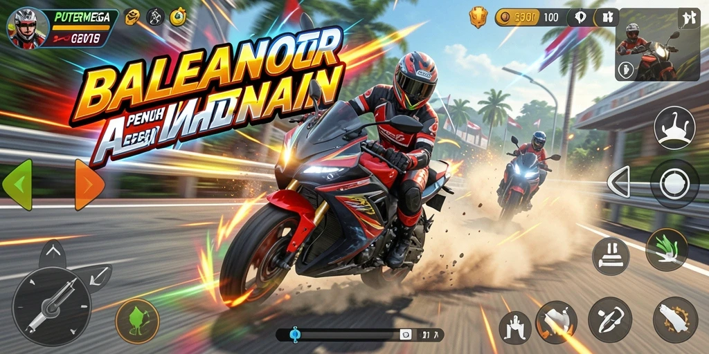Screenshot gameplay PUTERMEGA menampilkan aksi balapan motor yang menegangkan.