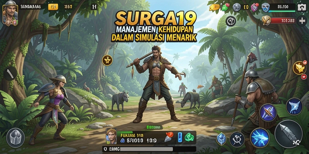 Tampilan gameplay SURGA19 yang menunjukkan interaksi karakter dalam simulasi kehidupan.